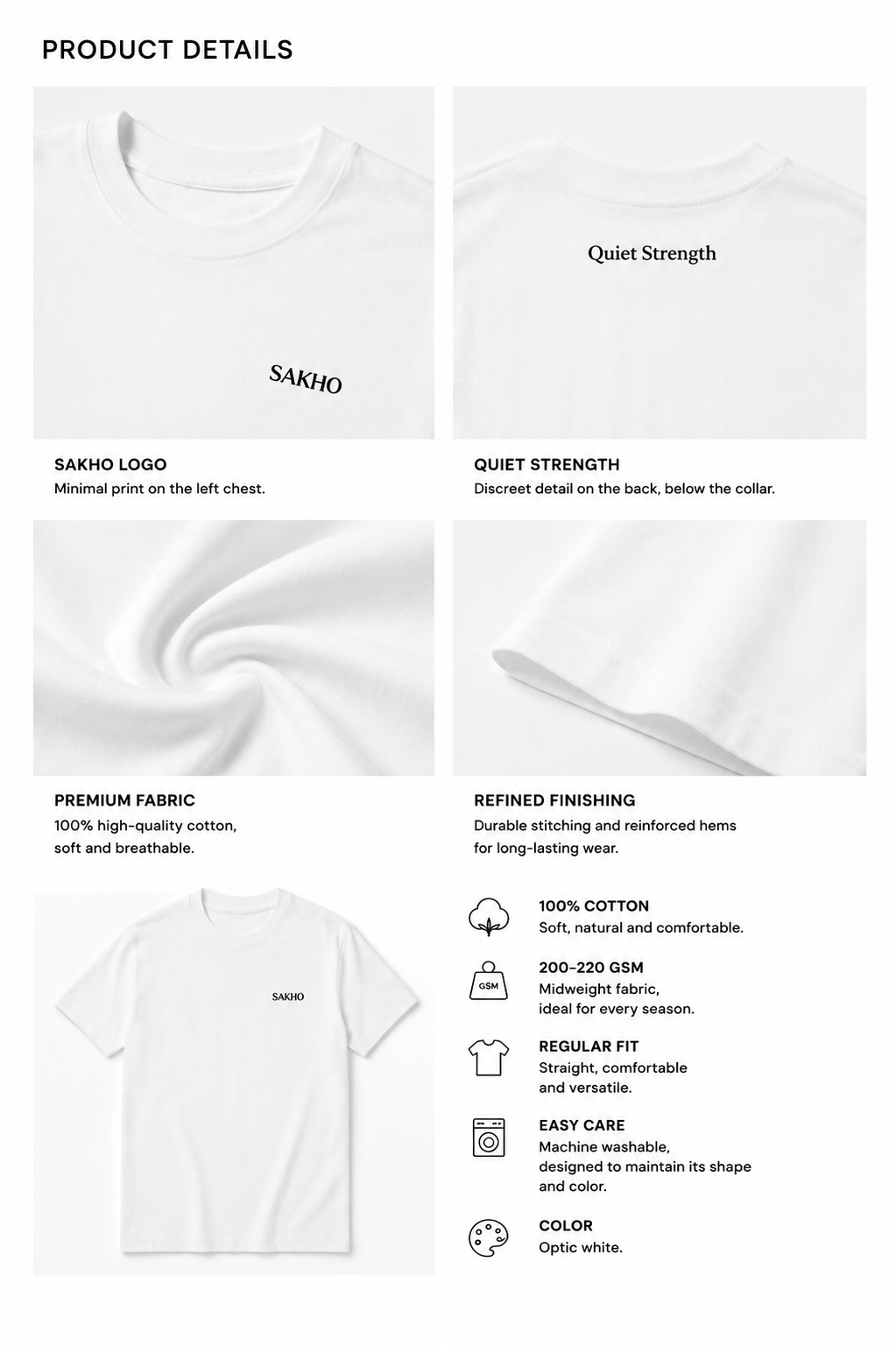 SAKHO Quiet Strength Tee product details, including fabric, fit, logo and back print.