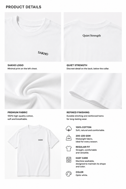 SAKHO Quiet Strength Tee product details, including fabric, fit, logo and back print.